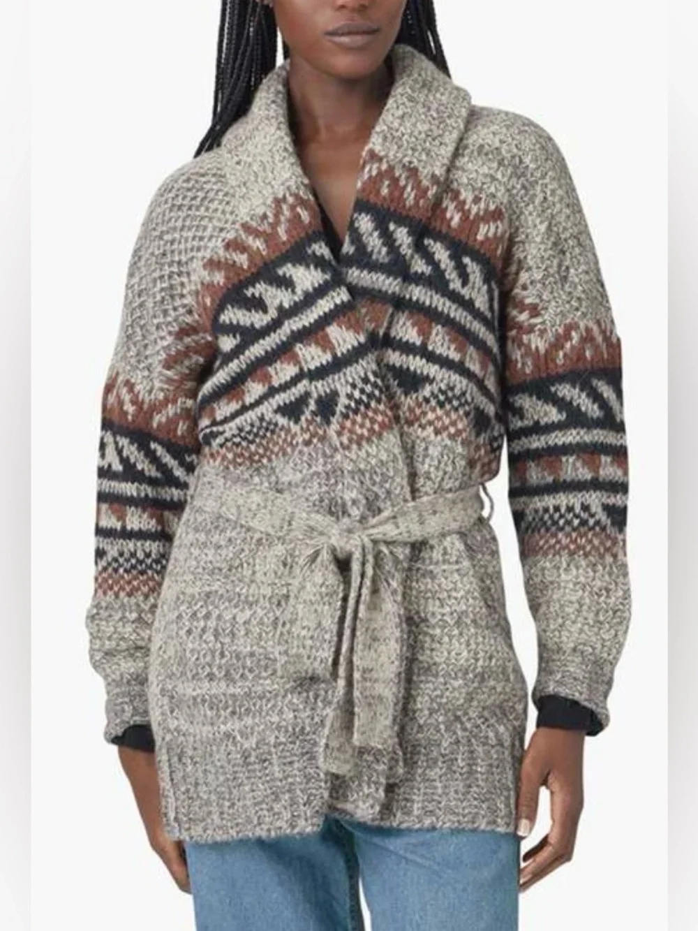XIRENA Carmella Cardigan Tobacco Aztec Women Medium Baby Alpaca Jacquard Gray